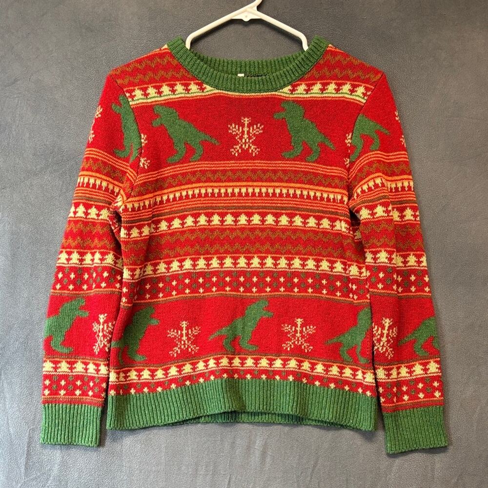 Kids XL Dinosaur Ugly Christmas Sweater Red Green Wool Blend Holiday Knit